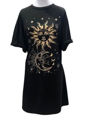 Whimsigoth Celestial Sun Moon Graphic T-Shirt Dress Black Loungewear Witchy Sz L